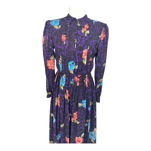 1980's DONNA MORGAN for NSP Raglan Sleeve Dress Floral Pleated Dress Size 3/4 - Picture 2 of 8